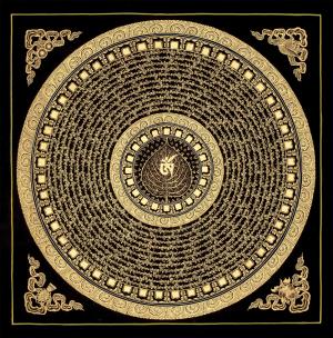 Mantra Mandala Thangka | Genuine Hand Painted Om Mani Padme Hum Painting Art | Wall Hanging Decor | Black And Gold Style Mandala